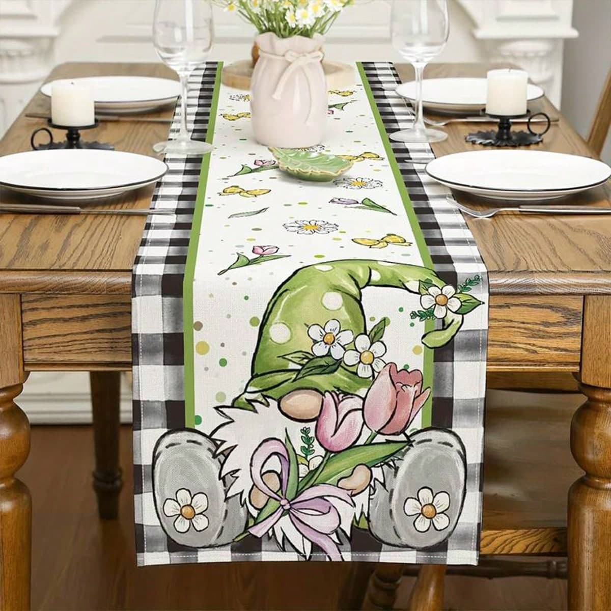 1 Pièce Chemin De Table En Polyester, Chemin De Table Saisonnier De Printemps Et D'été, Décoration De Table À Carreaux Amusante De Gnome Et De