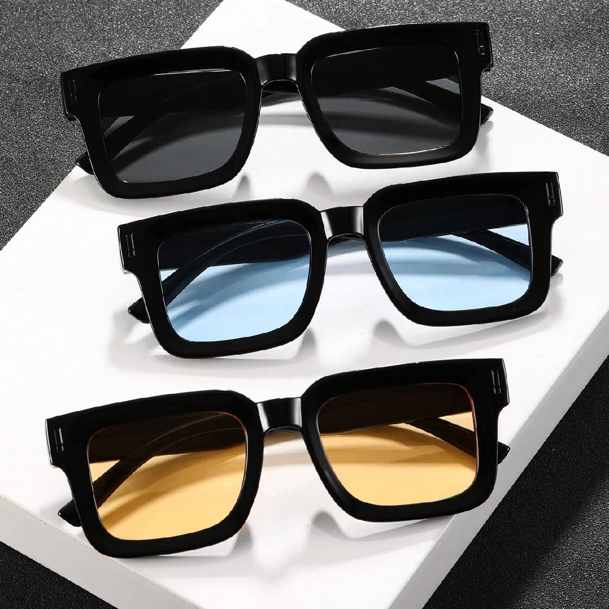 3 pcs Lunettes colorées carrées pour hommes en plastique, classiques et confortables, pour accessoires de vêtements de voyage en plein air,