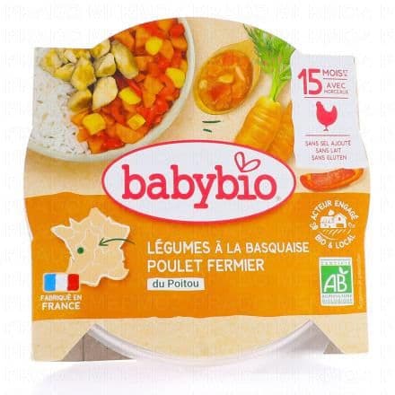 BABYBIO Repas du Midi - Petit plat Légumes à la Basquaise, poulet fermier du Poitou 260g dès 15 mois